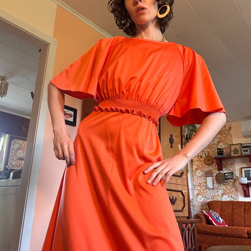 1970s Red polyester prom dress and cover up matching set - Made in Canada by Mis